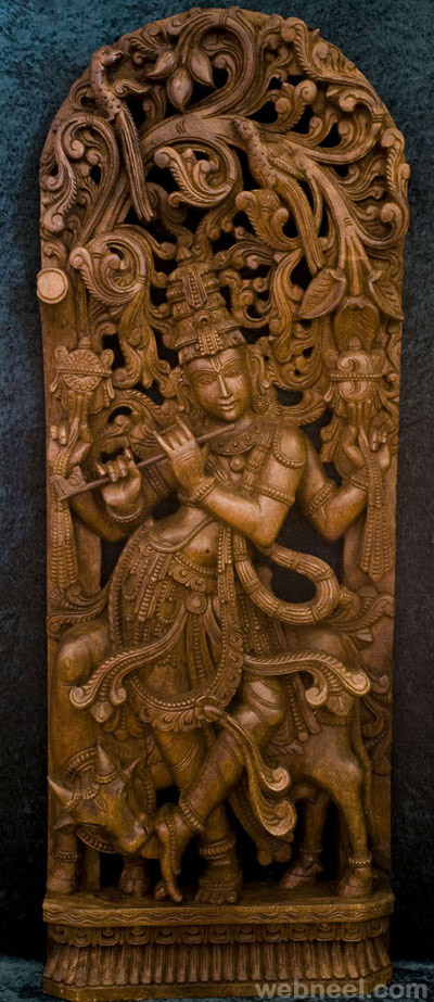 wood carving god krishna