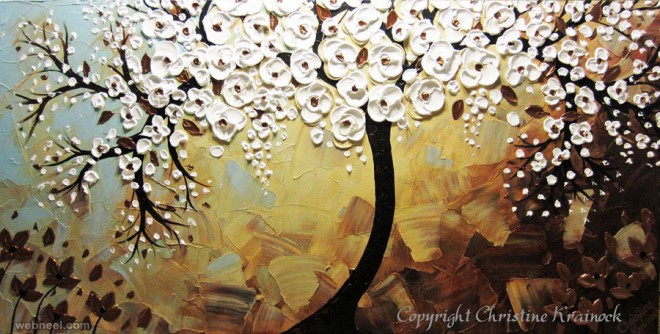 white flower tree palette knife paintings