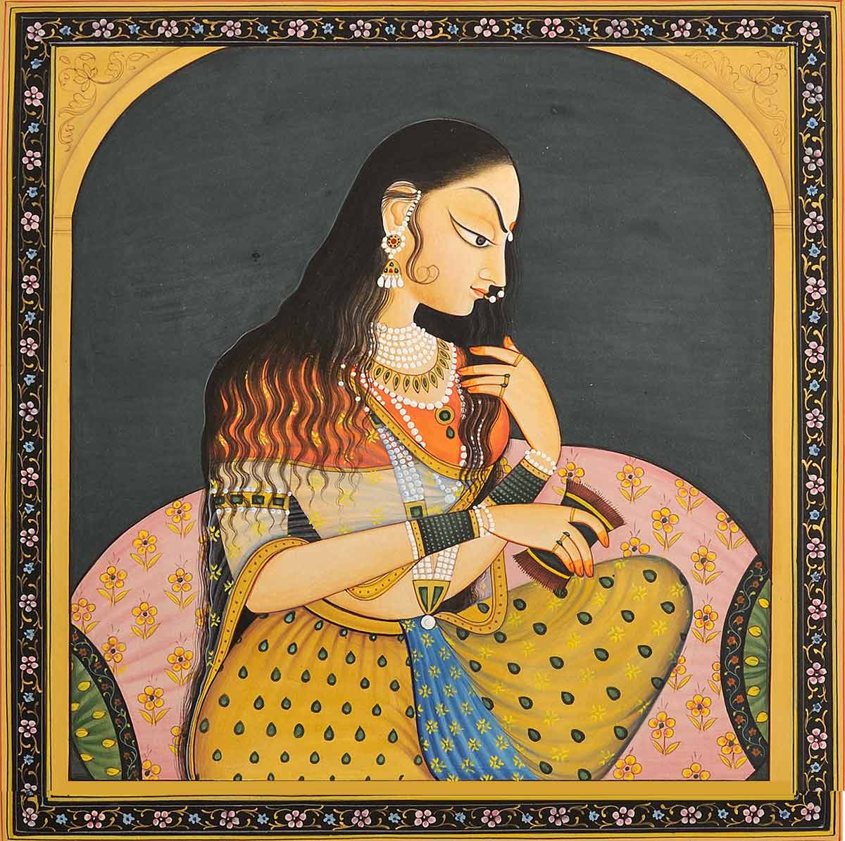 lady jharokha rajasthani rajput painting by exoticindiaart
