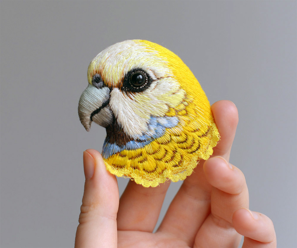 embroidery art yellow white bird by paulina bartnik