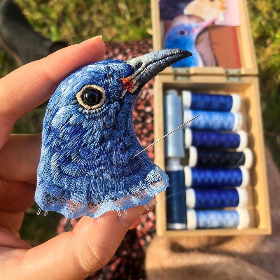 embroidery art light blue bird by paulina bartnik
