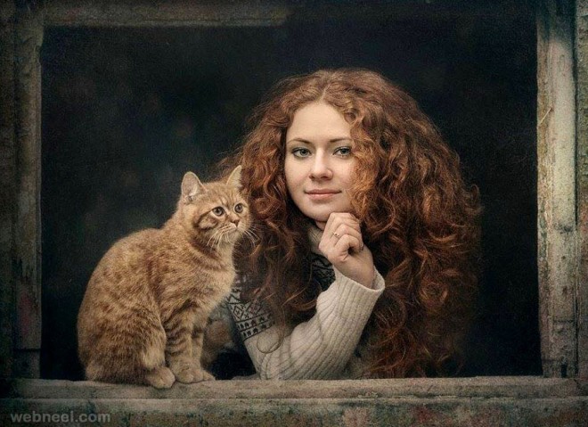 oil painting girl cat