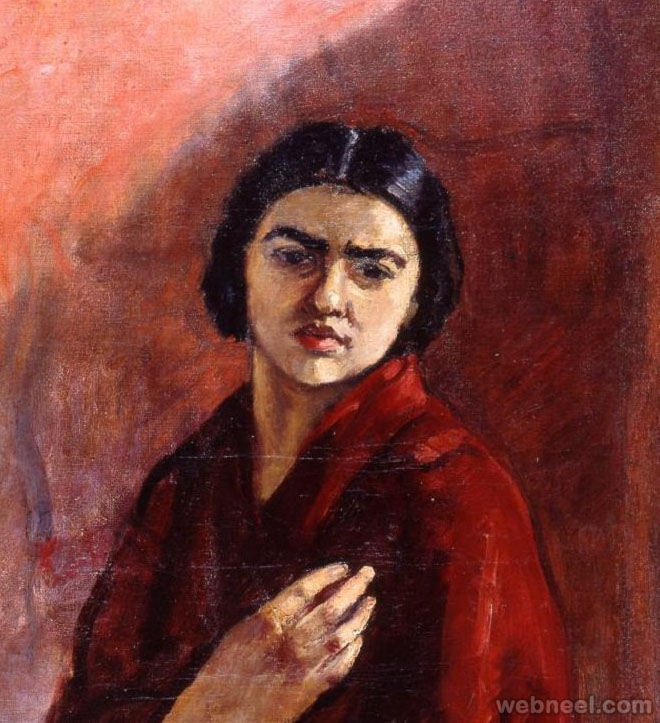 red cloak woman painting by amrita shergil