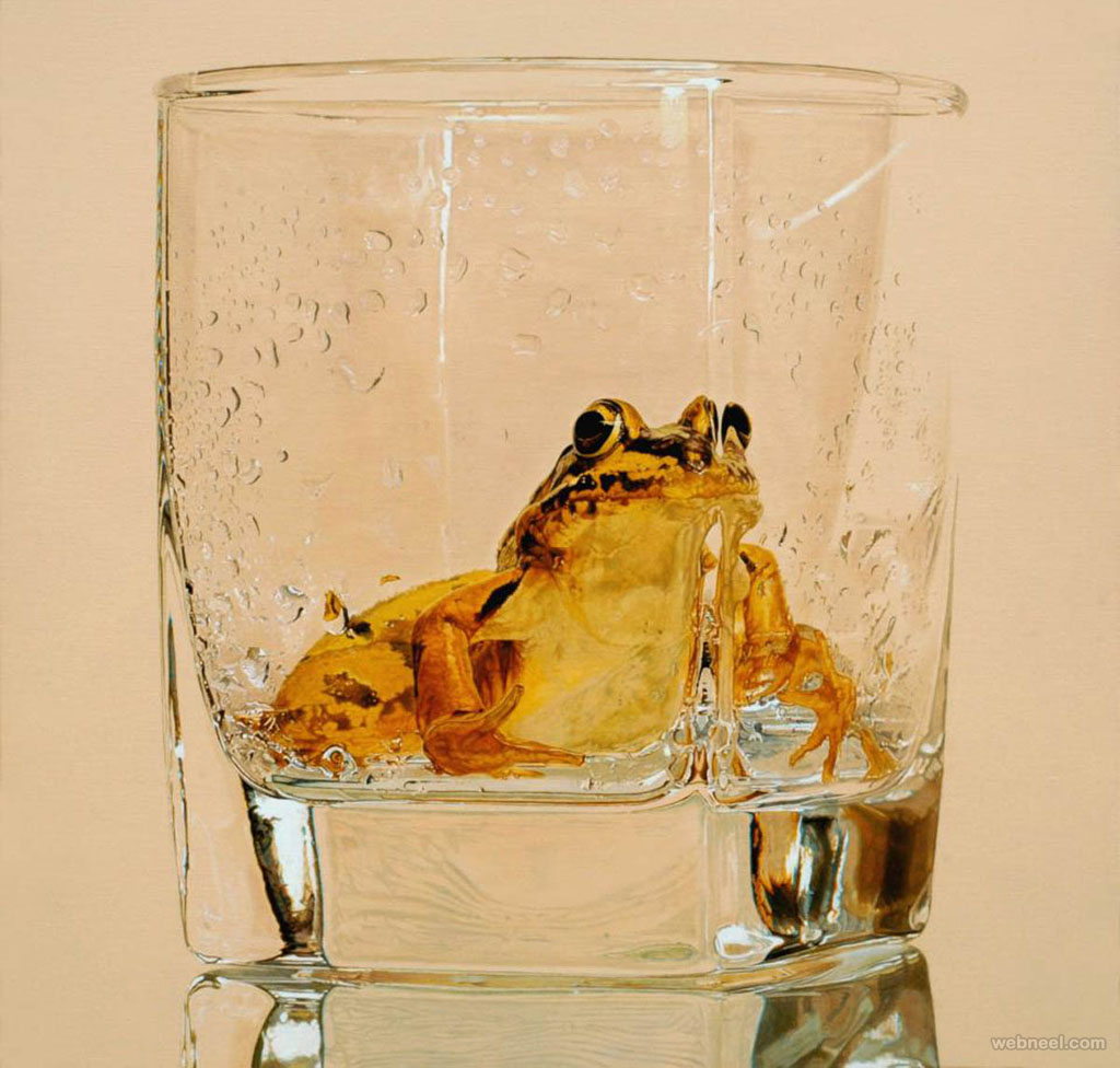 frog in glass hyper realistic painting