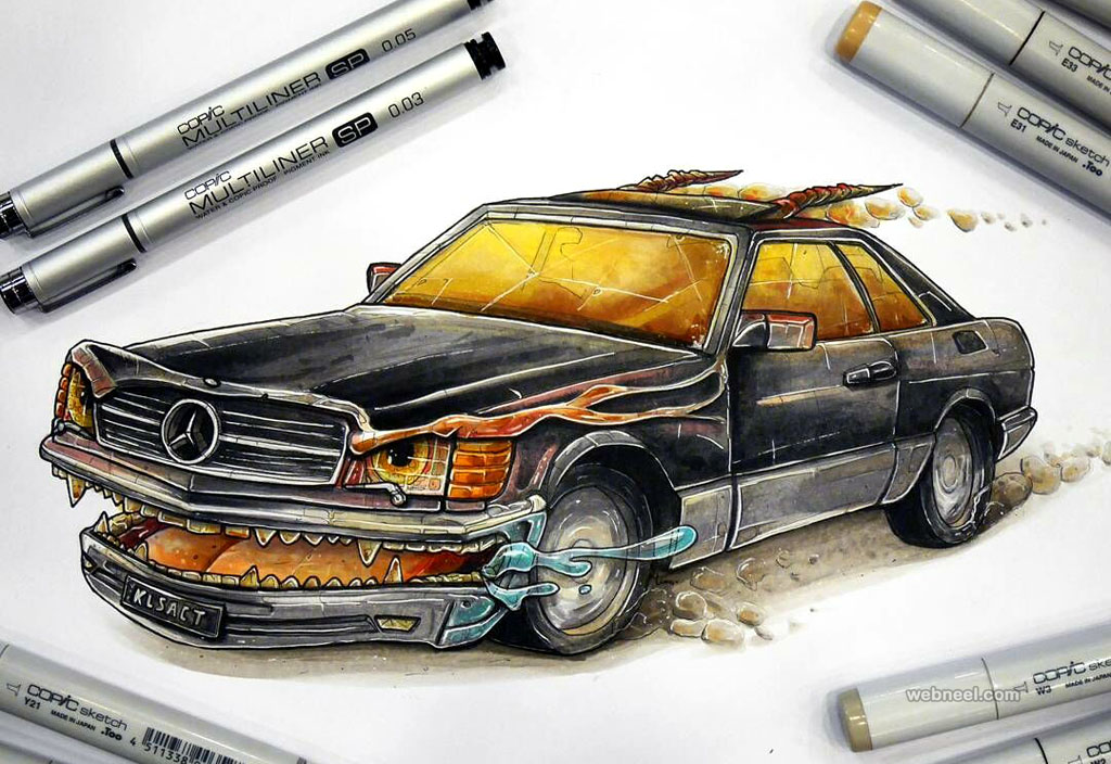 flaming car creative drawings