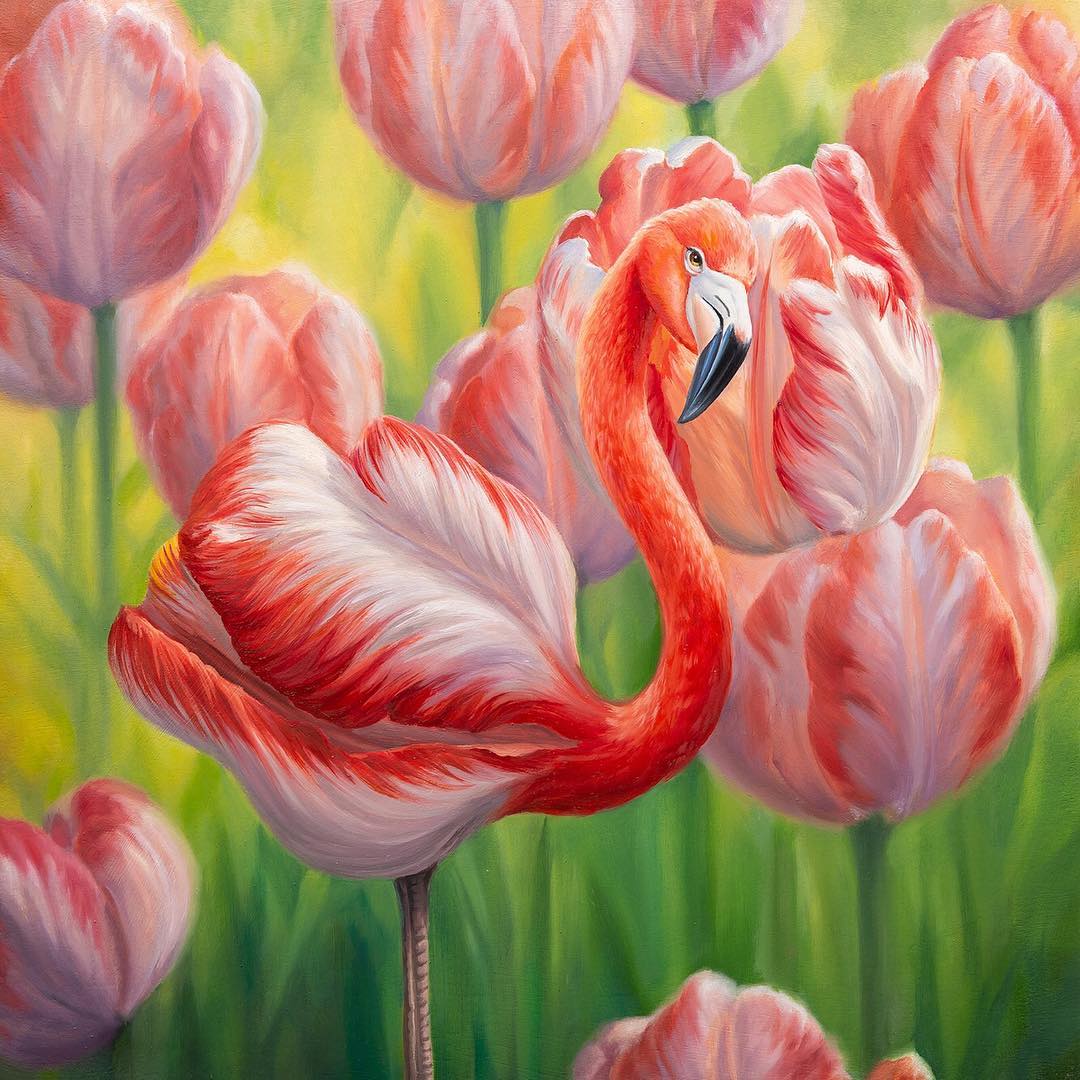 painting tulip flamingo bird by jonching art