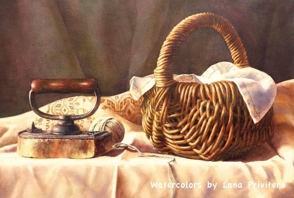 still life watercolor painting basket by lana matich privitera