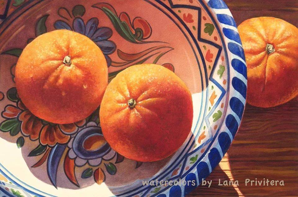still life watercolor painting orange by lana matich privitera