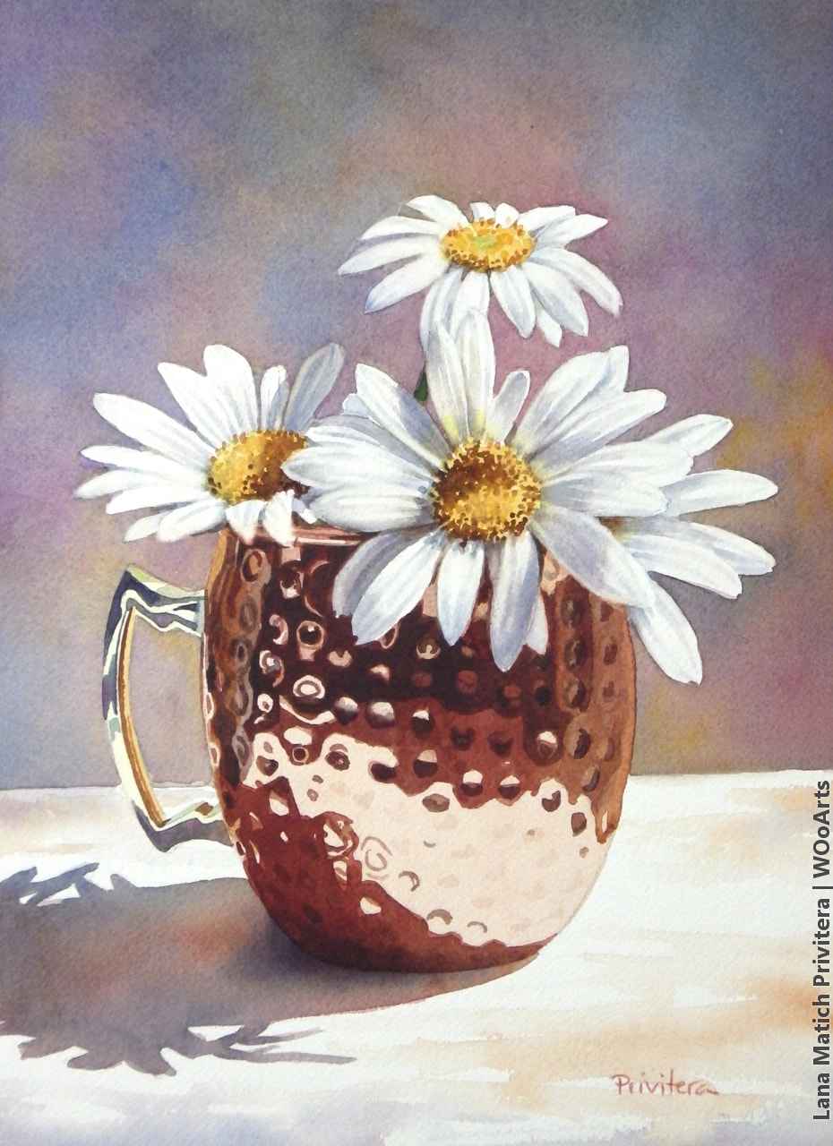 still life watercolor painting vase white flowers by lana matich privitera