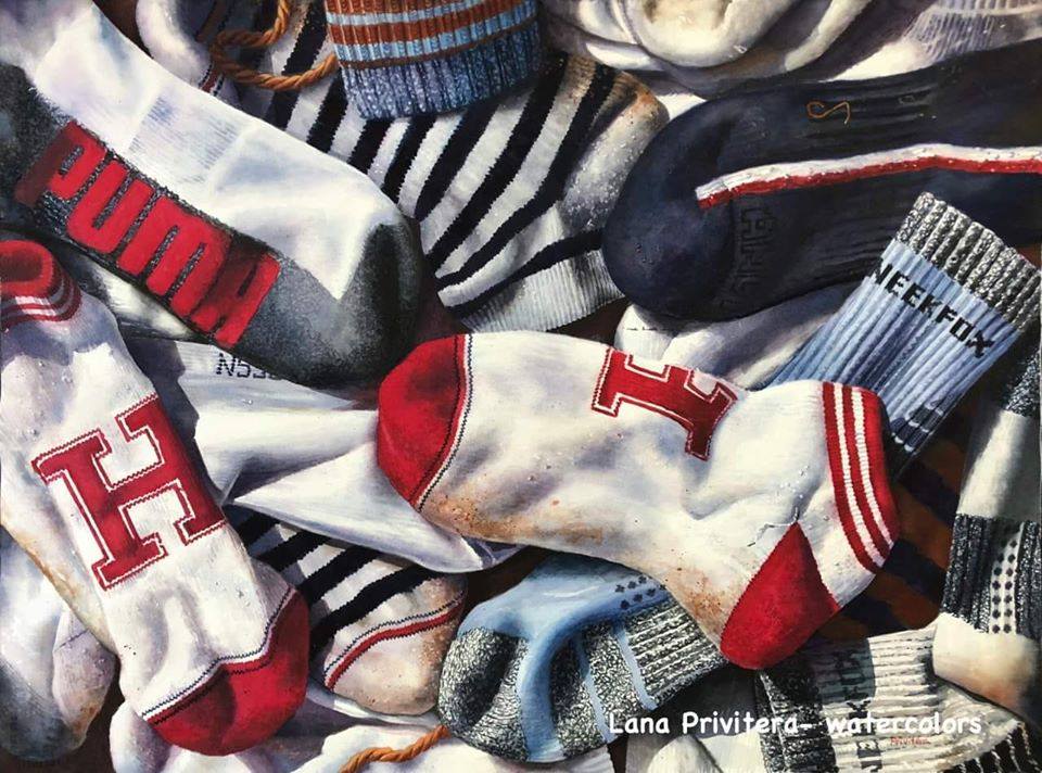 still life watercolor painting dirty socks by lana matich privitera