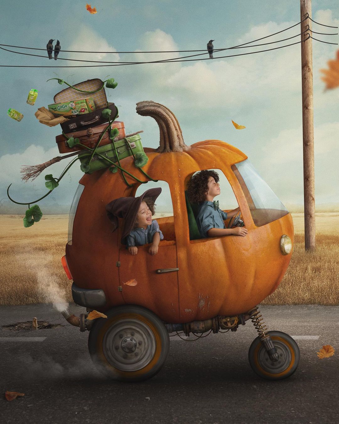 surreal photomanipulation pumpkin ride