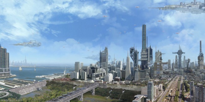 futuristic city digital matte painting