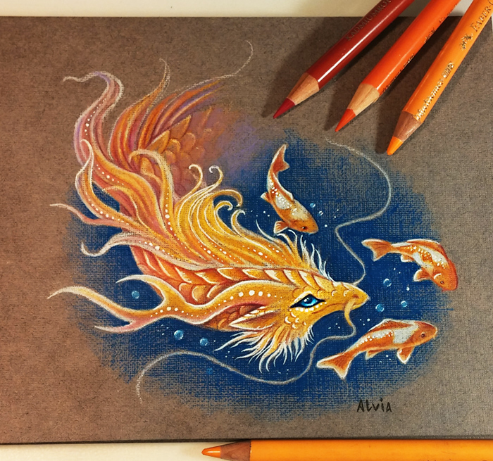 golden dragon color pencil drawing