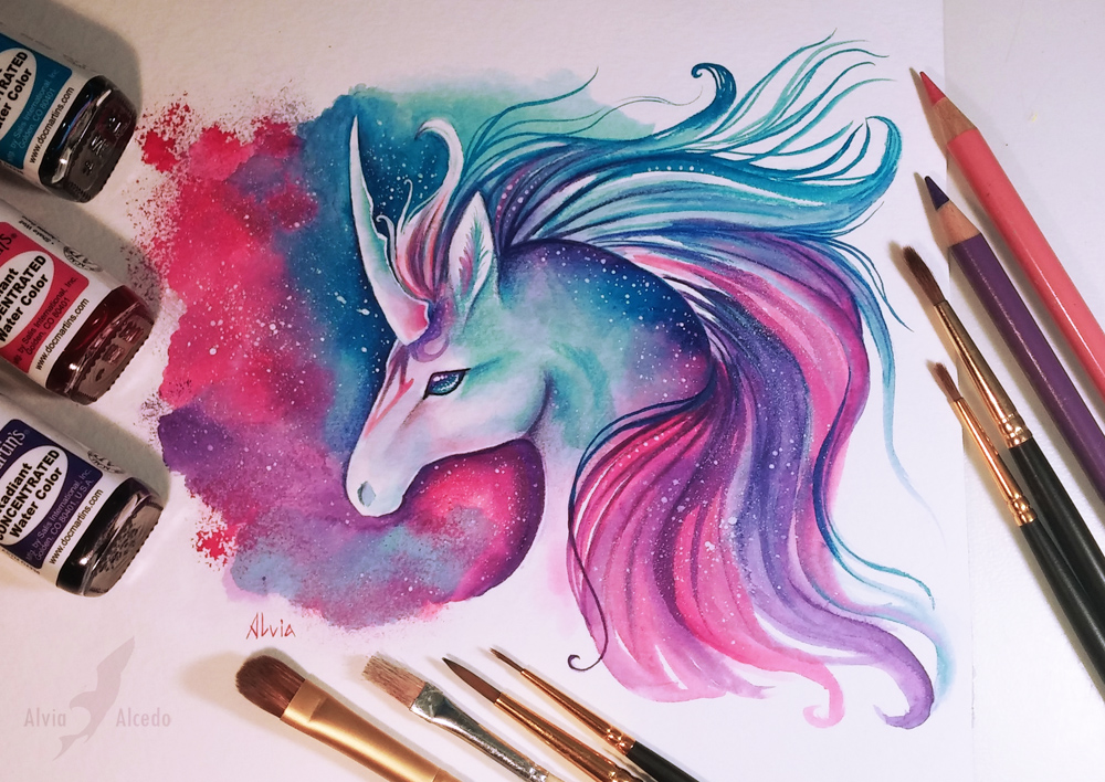 space unicorn color pencil drawing