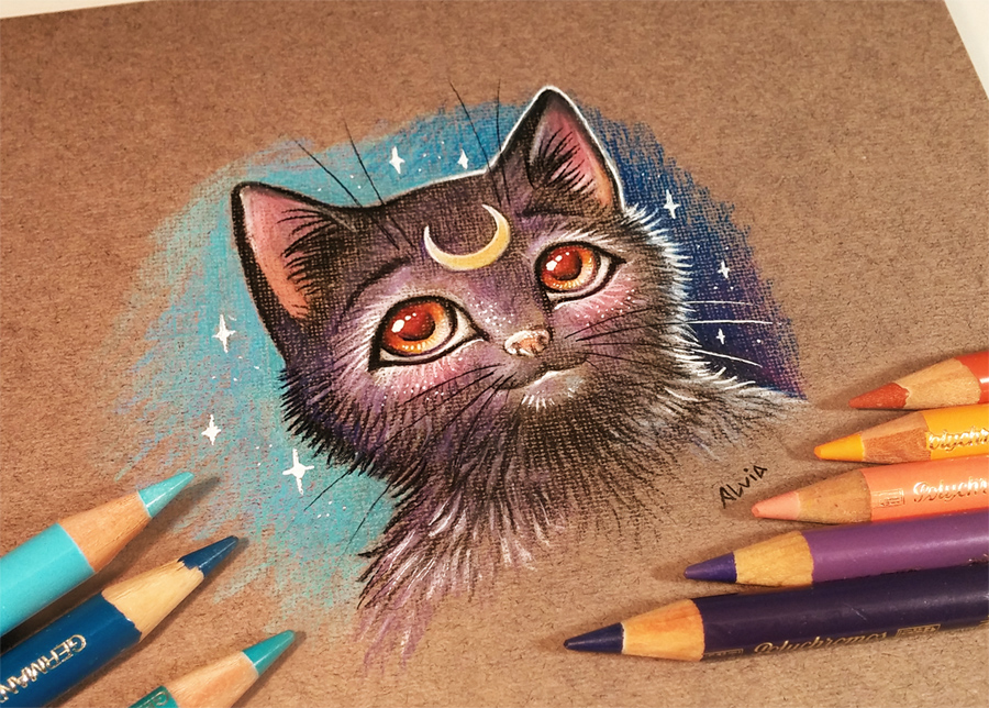 cat luna color pencil drawing