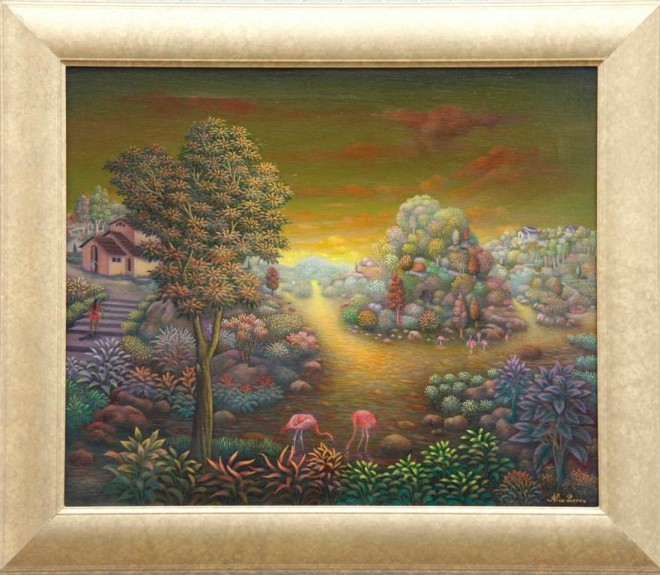 thirsty flamingoes oil painting by alix pierre