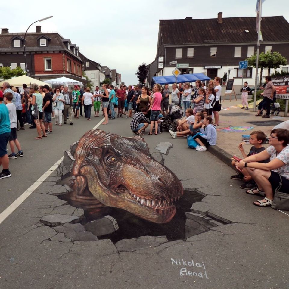 3d street art dinosaur by nikolaj arndt