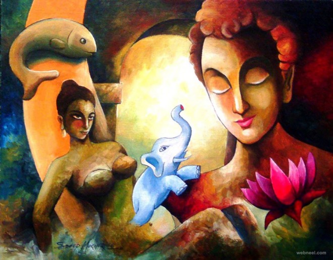 buddha indian paintings by mukherjee