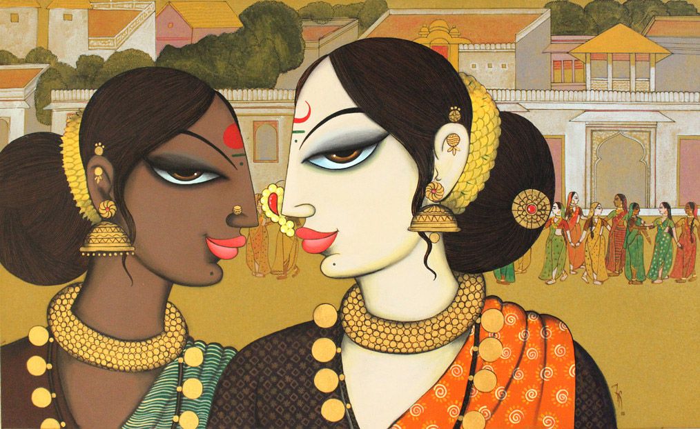 indian painting woman talking women by varsha kharatmal