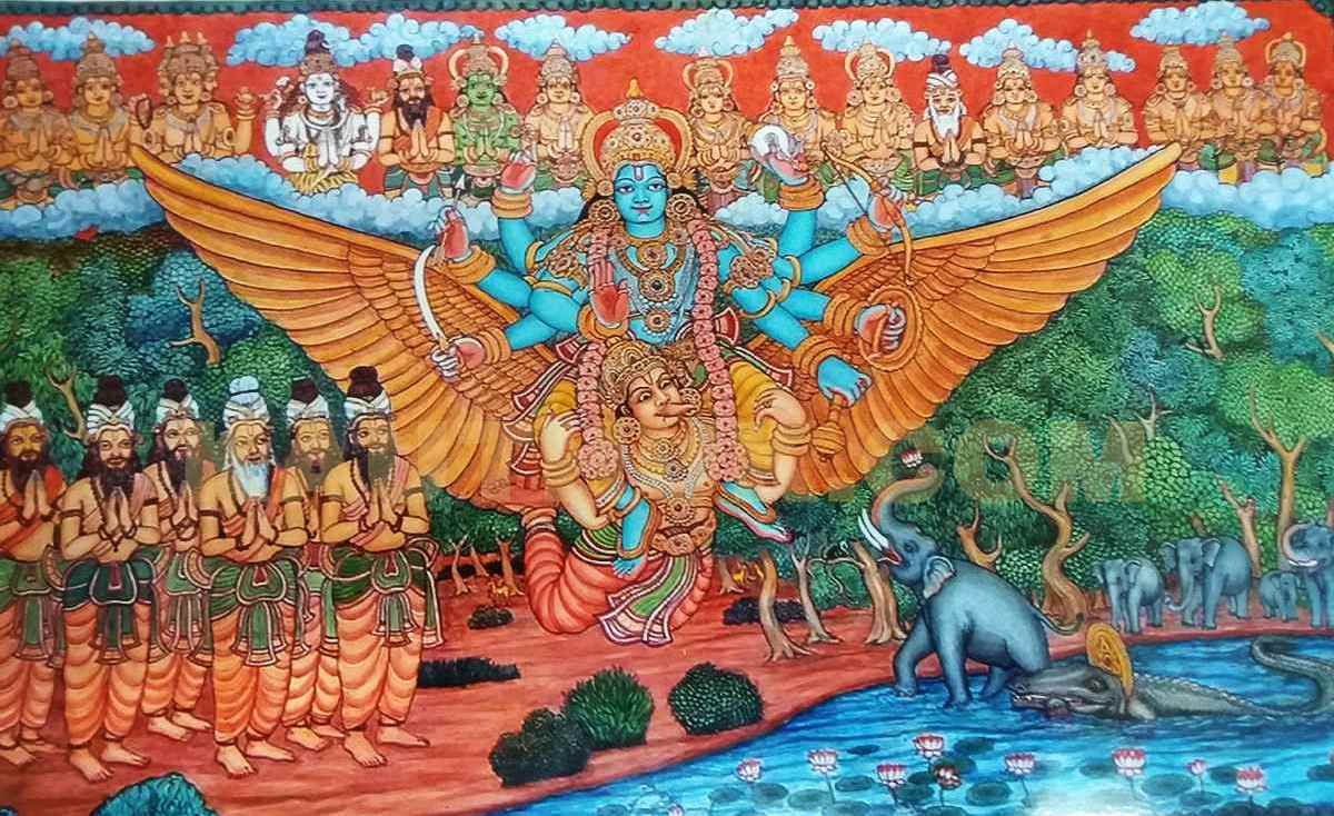 indian folk art keral mural art gajendra moksham by prince thonnakkal