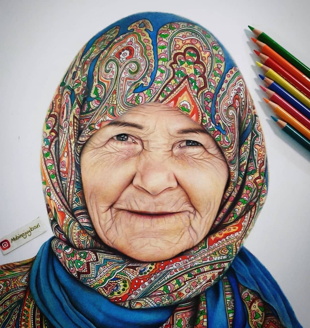 color pencild drawing old woman by nobina juybari