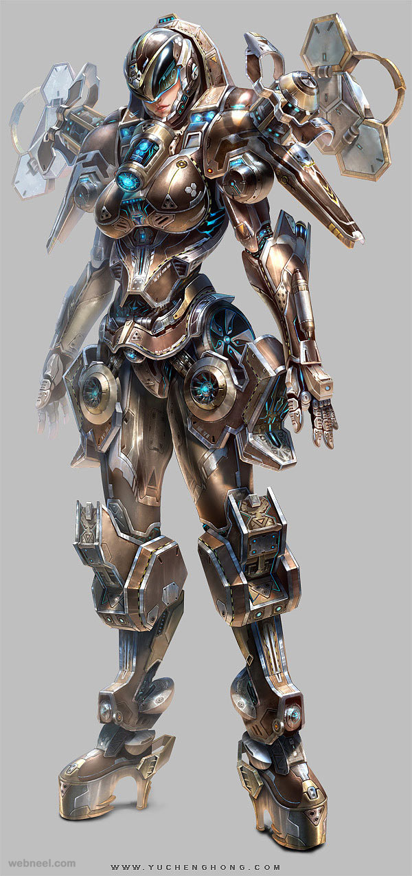 armor girl digital art by yu cheng hong