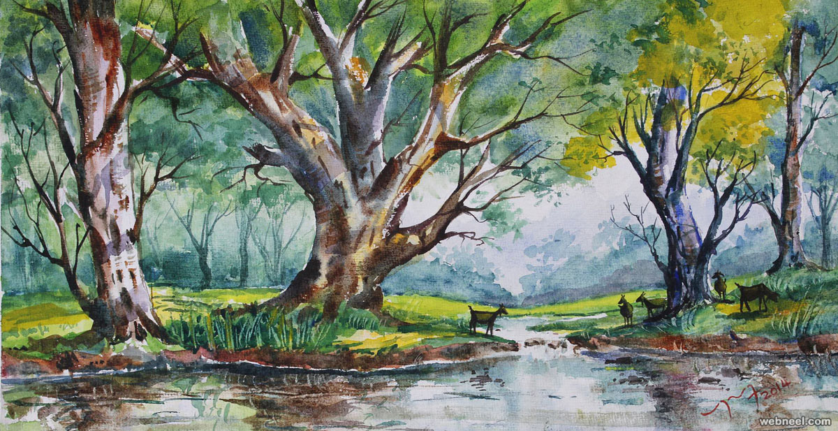 tree watercolor paintings by balakrishnan