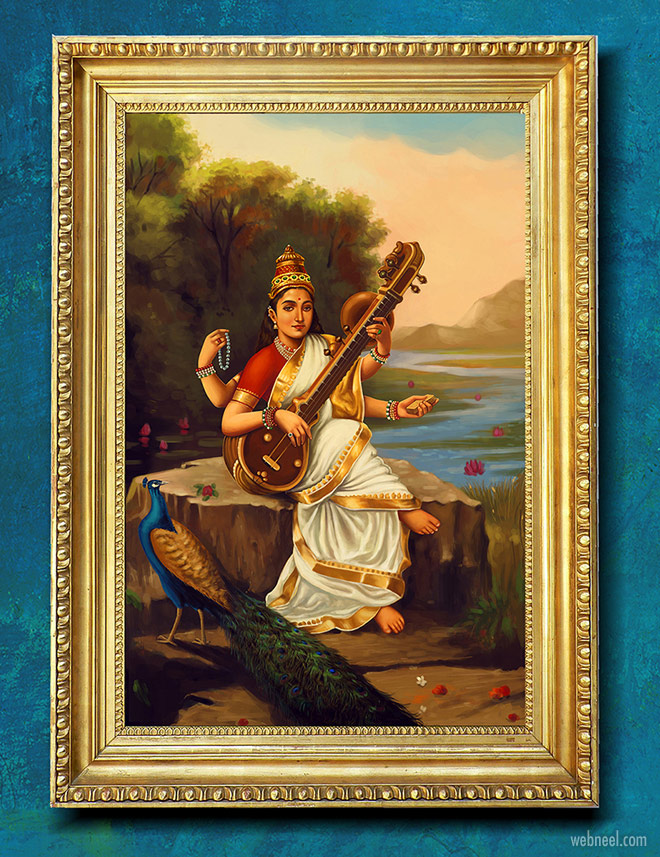 digital painting goddess saraswathy of raja ravivarma