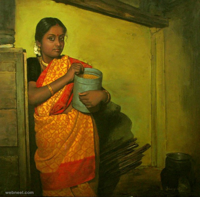 realistic tamil woman painting by ilayaraja