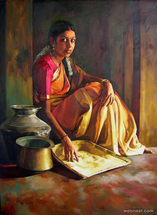 realistic tamil woman painting by ilayaraja