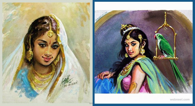 painting artwork tamil woman by maruthi