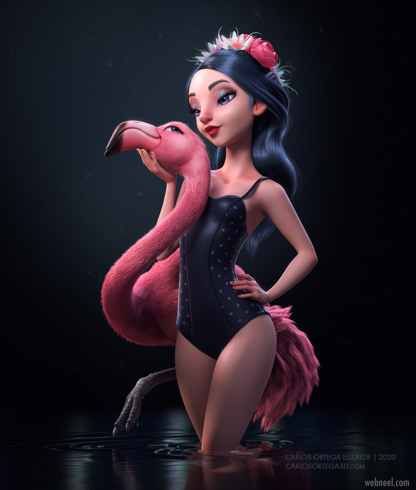 3d model girl with flamingo surreal realistic by stroggtank