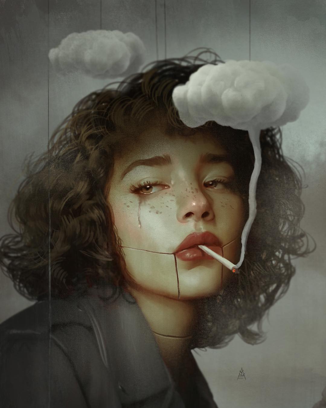 surreal painting girl smoke