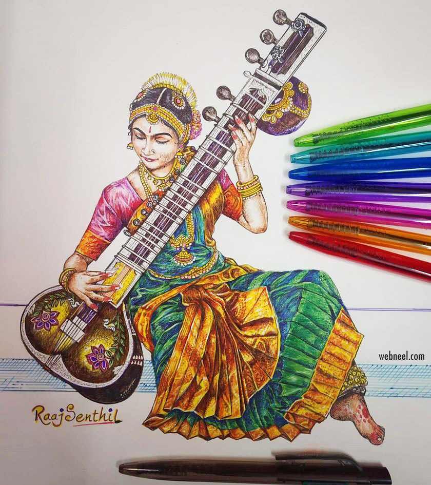 ballpoint pen drawing indian woman veenai color by raajsenthil