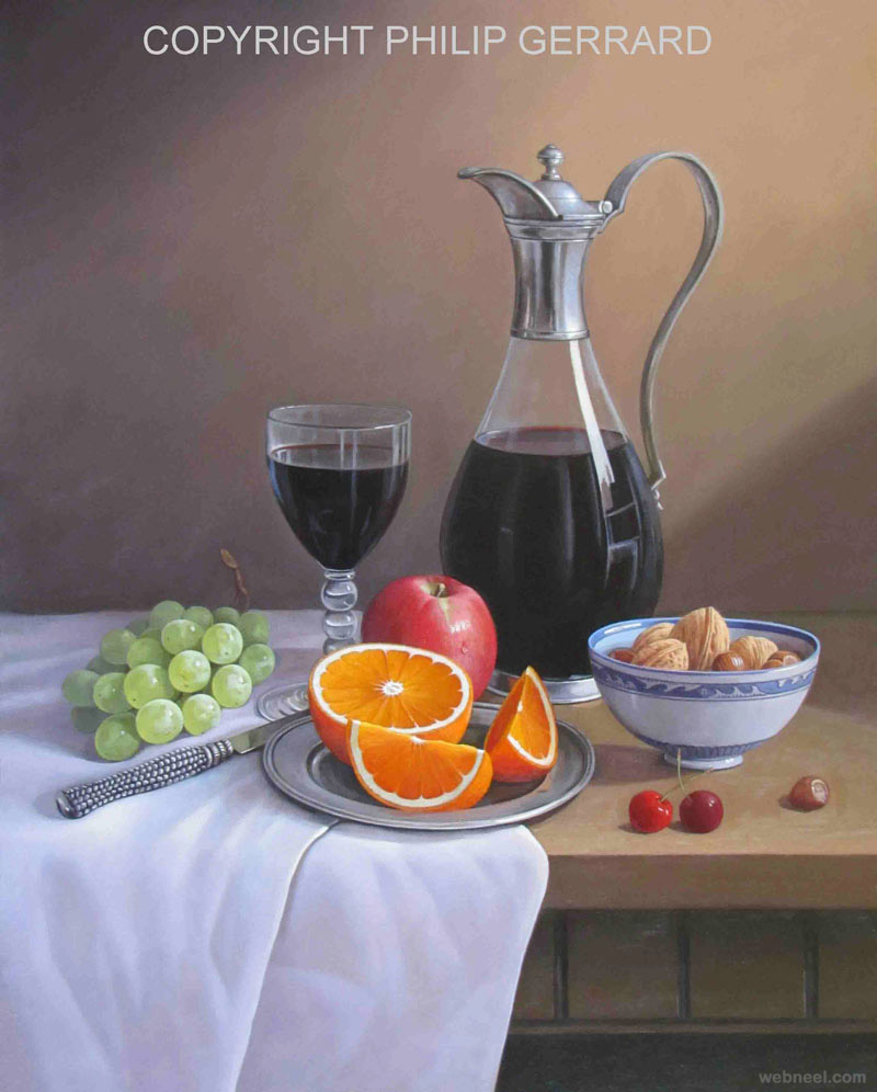 wine fruit still life painting by philip gerrard