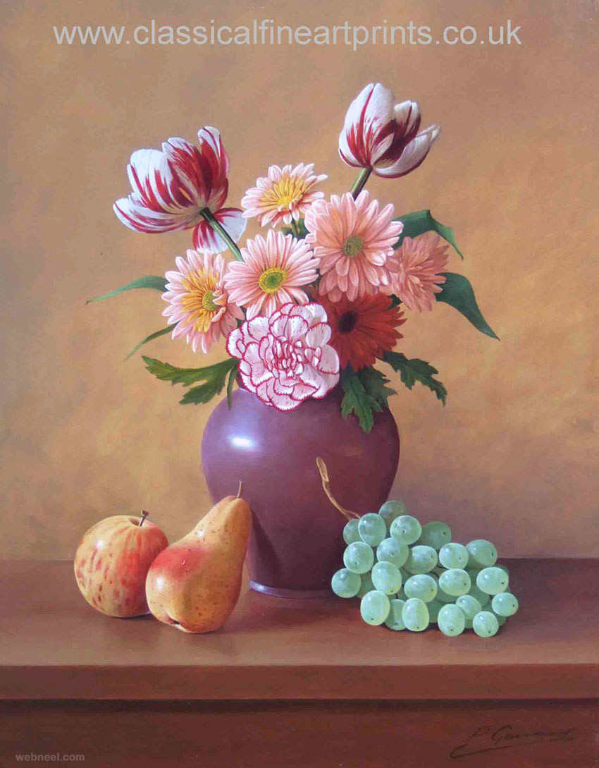 fruit and flowers still life painting by philip gerrard