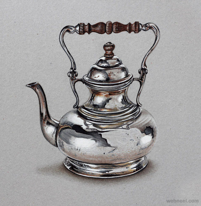 silver teapot realistic drawing by marcello barenghi