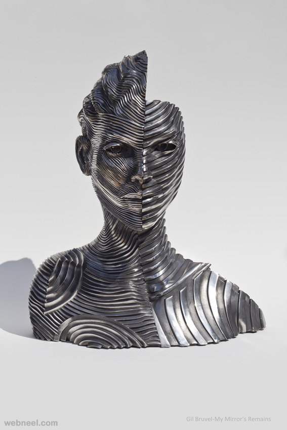 woman face steel scultpure by gil bruvel