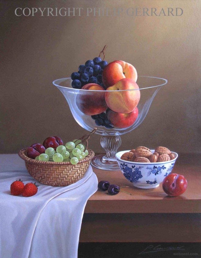 fruit peaches nuts still life painting by philip gerrard