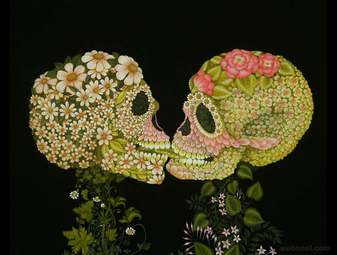 flower skull surreal oil painting