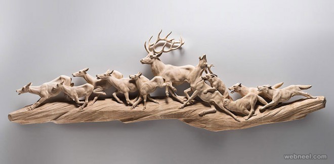 deer animal wood sculpture by giuseppe rumerio