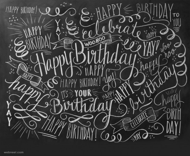 happy birthday chalk board doodle