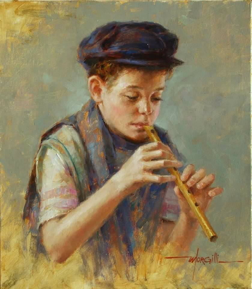 oil painting flute boy by luis claudio morgilli