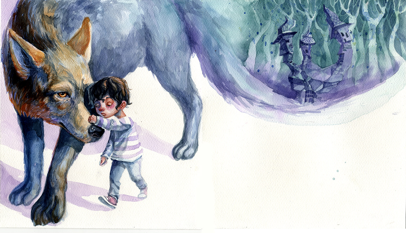 watercolor painting editorial wolf by neil geiman