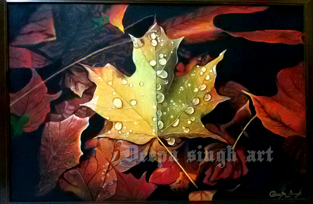 oil painting still life dew drops on leaf by deepa singh