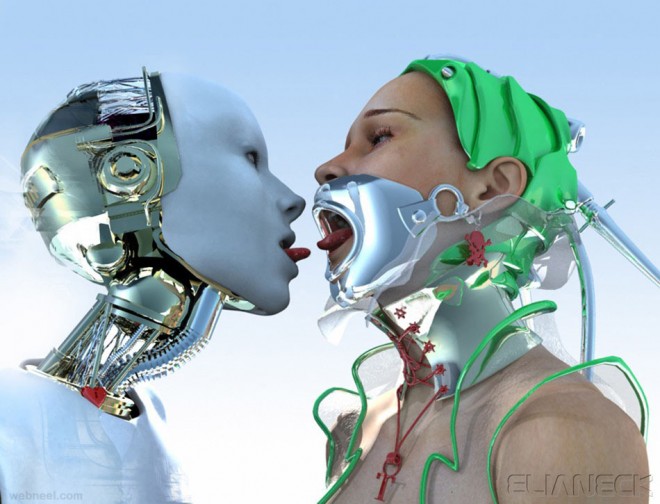 kissing robot sci fi cg character by eliane