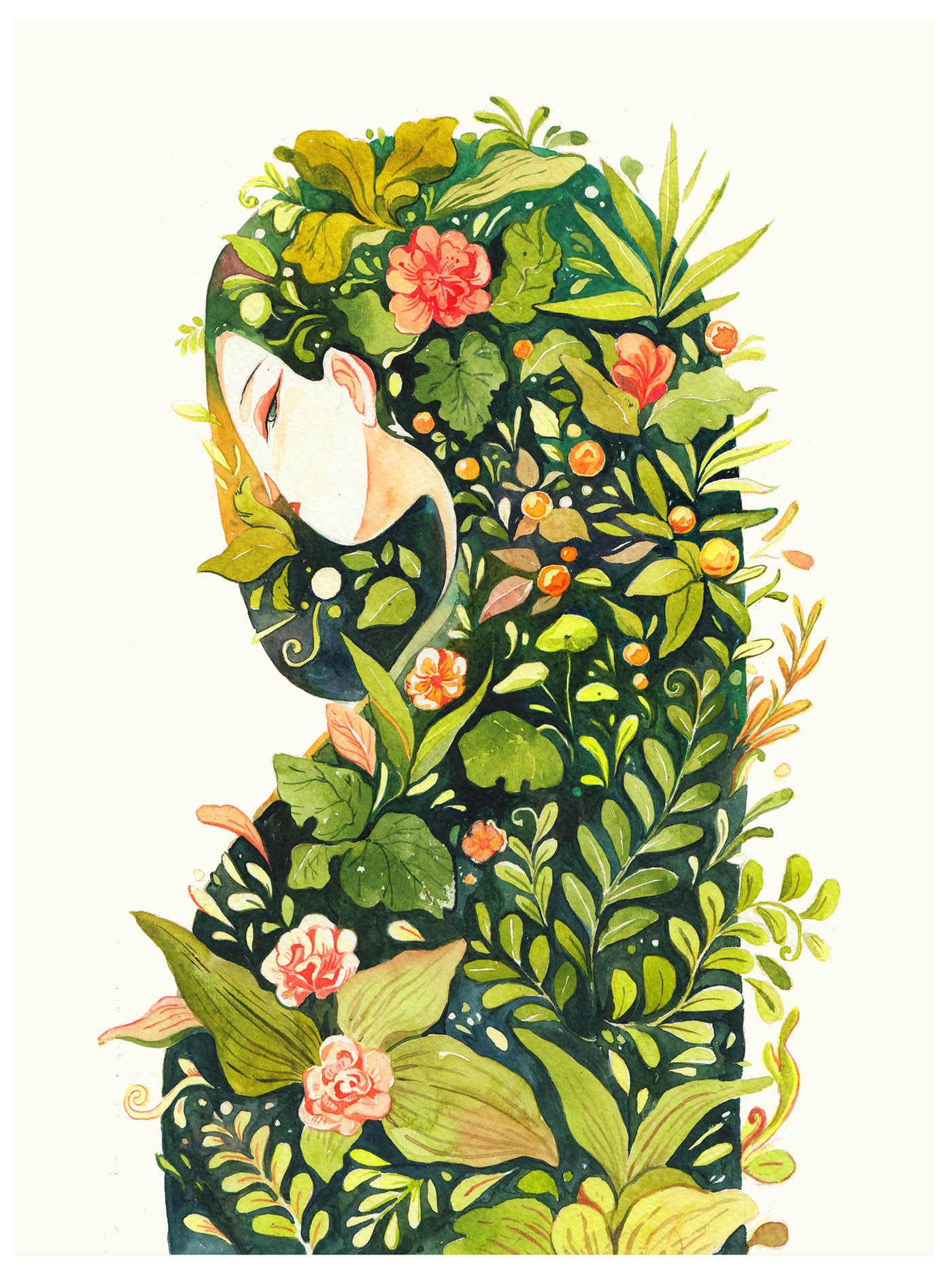 watercolor painting garden woman by kaa illustration