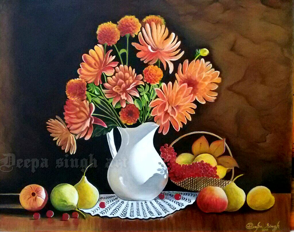 oil painting still life white flower pot by deepa singh