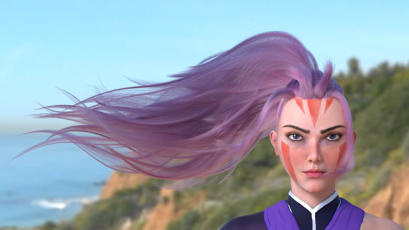 3d model purple hair flowing