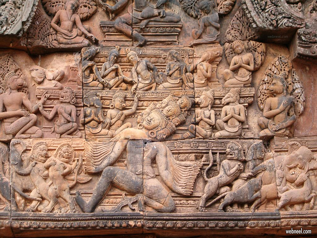low relief bas sculpture banteaysrei cambodia ravana